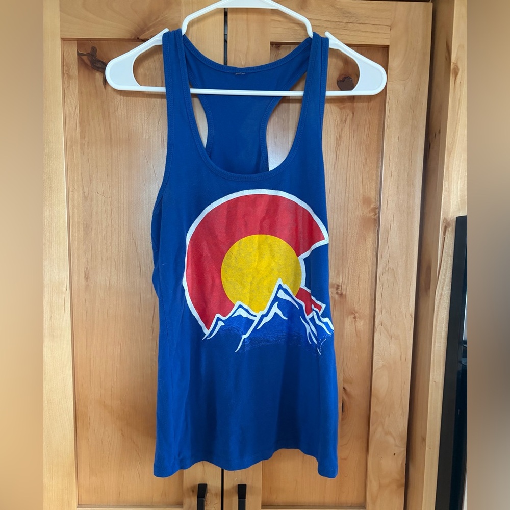 Blue Racerback Tank top Colorado  Mountain Graphic medium M